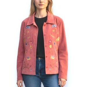 Brandon Thomas Womans Suede Jacket Sz L Leather Embroidered Floral Coat Pink